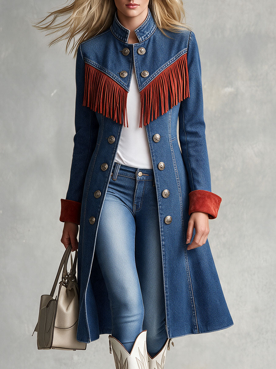 Western Retro Red Tassel Blue Stand-up Collar Double-breasted Denim Coat