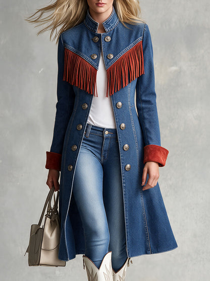 Western Retro Red Tassel Blue Stand-up Collar Double-breasted Denim Coat