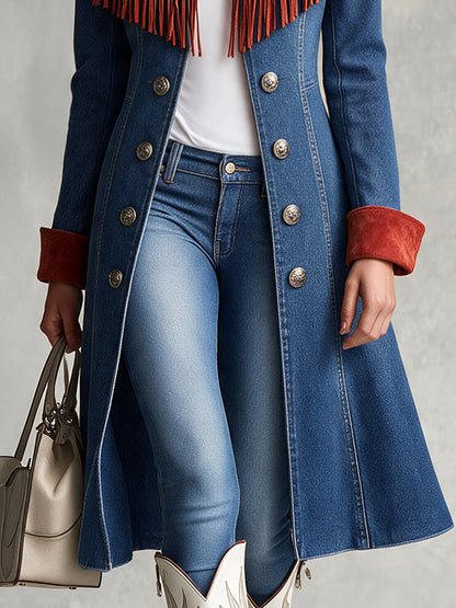 Western Retro Red Tassel Blue Stand-up Collar Double-breasted Denim Coat