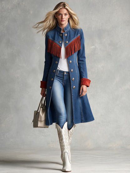 Western Retro Red Tassel Blue Stand-up Collar Double-breasted Denim Coat
