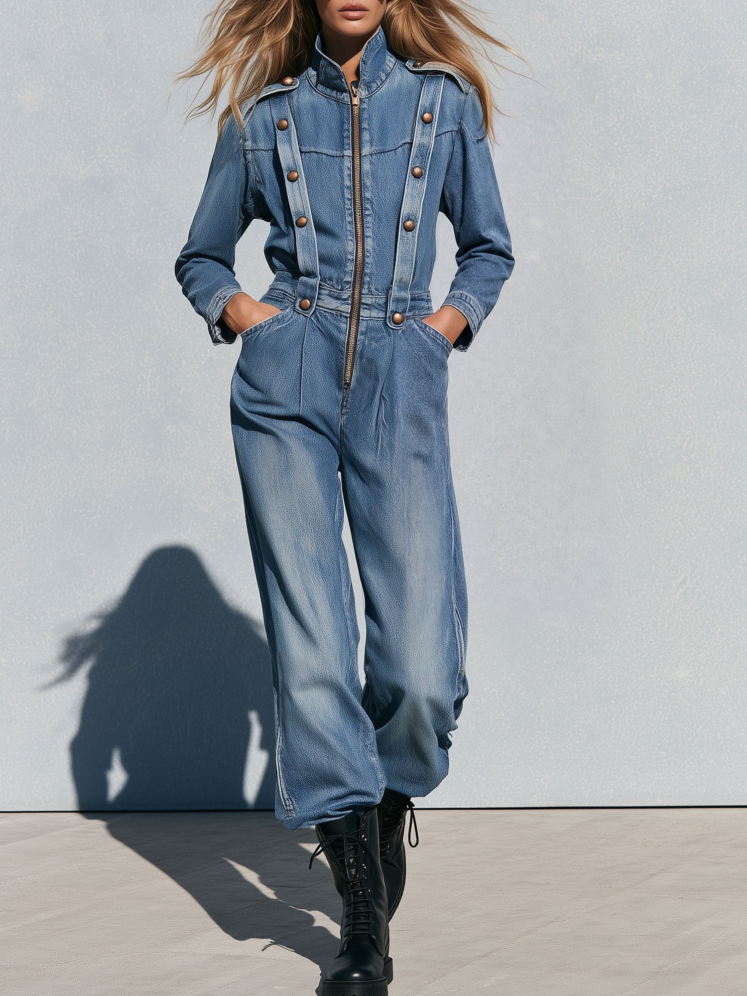 Vintage Washed Denim Blue Military Officer-style Bronze Button-down Collar Jumpsuit