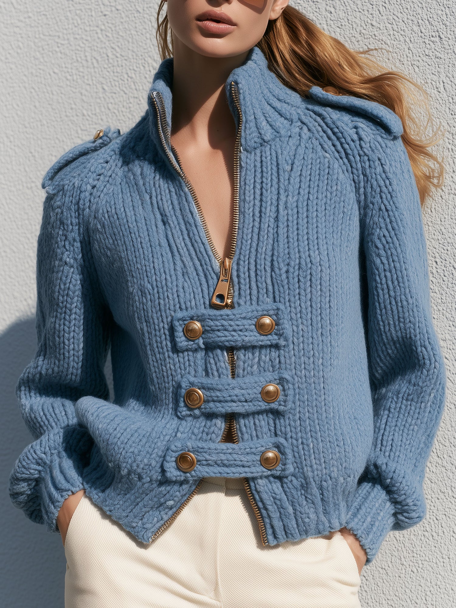 Exquisite Retro Stand-up Collar Zip-up Button Blue Knit Officer Jacket