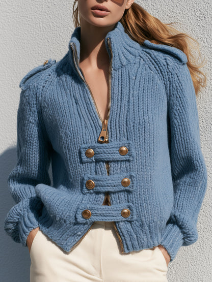 Exquisite Retro Stand-up Collar Zip-up Button Blue Knit Officer Jacket