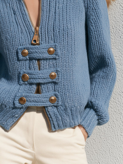 Exquisite Retro Stand-up Collar Zip-up Button Blue Knit Officer Jacket