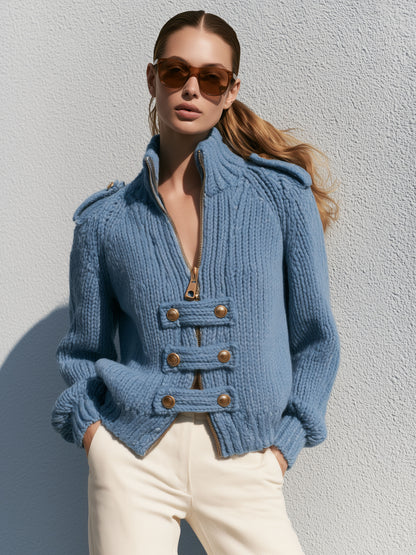 Exquisite Retro Stand-up Collar Zip-up Button Blue Knit Officer Jacket