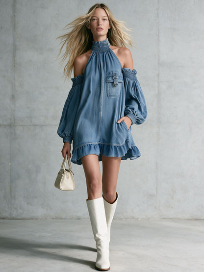 Fashionable Retro Ruffled Blue Turtleneck Off-shoulder Denim Mini Dress