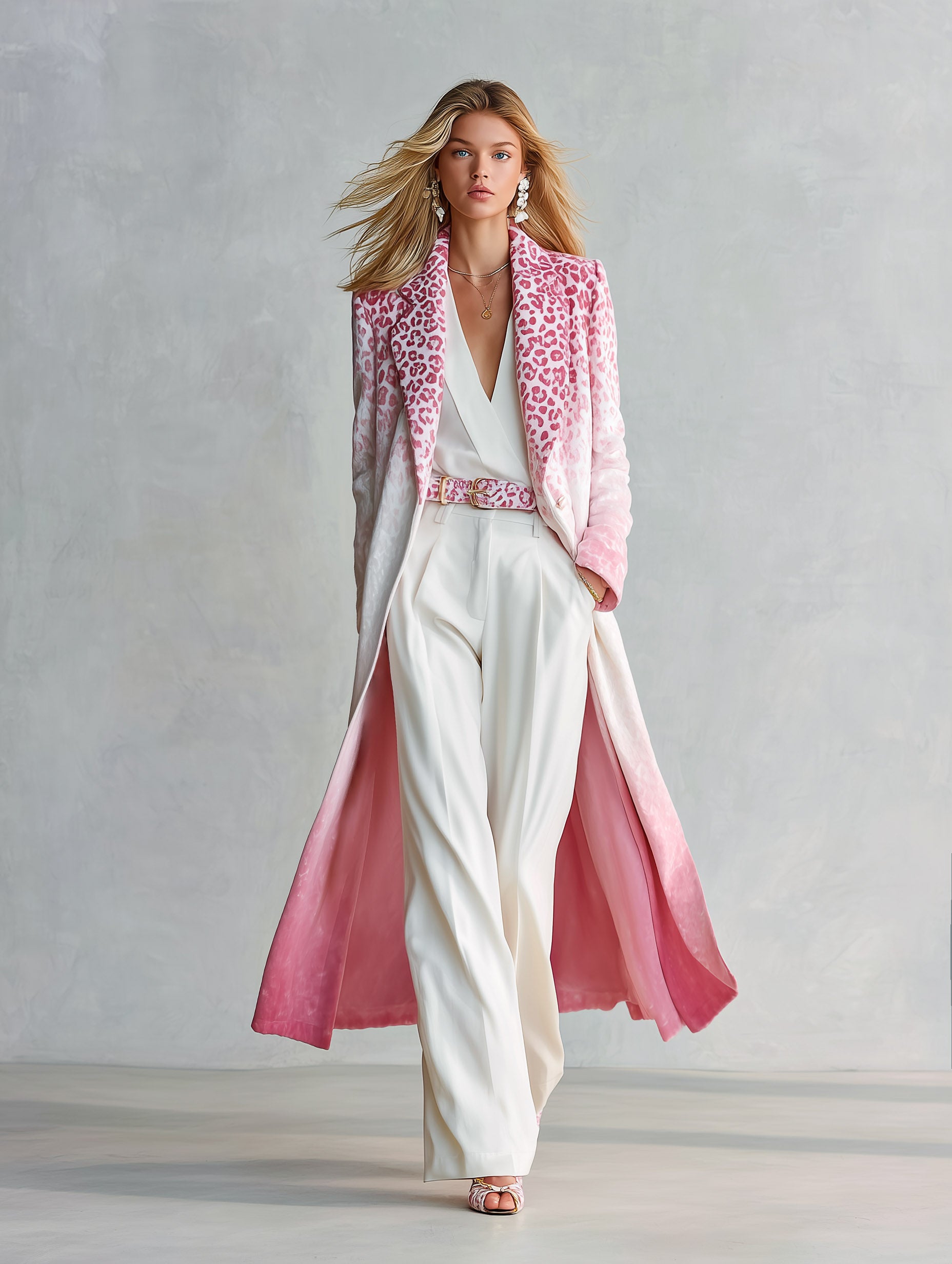 Elegant Ombré Pink Leopard Print Velvet Coat