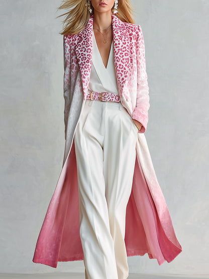 Elegant Ombré Pink Leopard Print Velvet Coat