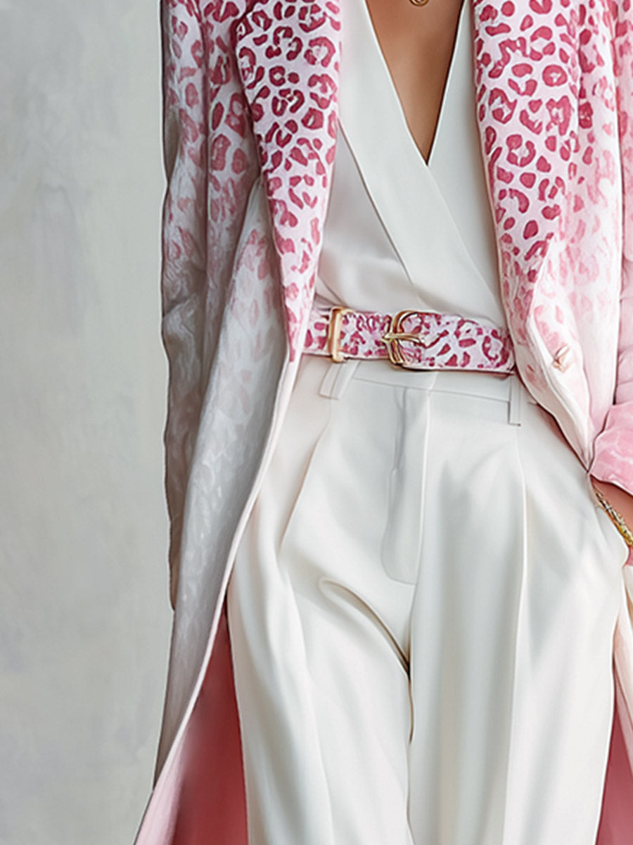 Elegant Ombré Pink Leopard Print Velvet Coat