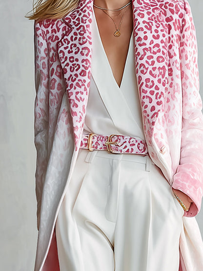 Elegant Ombré Pink Leopard Print Velvet Coat