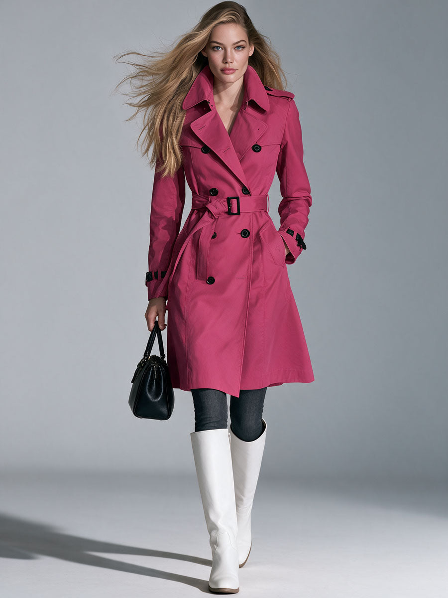 Classic Retro Fuchsia Lapel Belt Button Mid-length Cotton Trench Coat