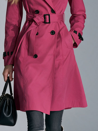 Classic Retro Fuchsia Lapel Belt Button Mid-length Cotton Trench Coat