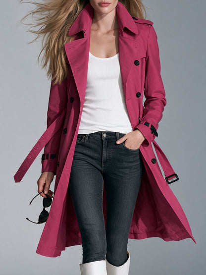 Classic Retro Fuchsia Lapel Belt Button Mid-length Cotton Trench Coat