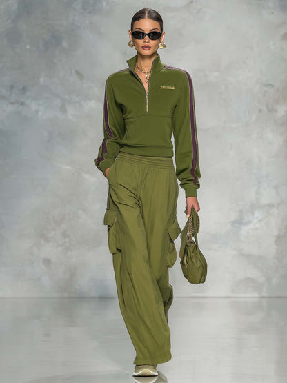 Retro Sport Olive Green Cotton Collared Zip-front Top And Utility Pants Set