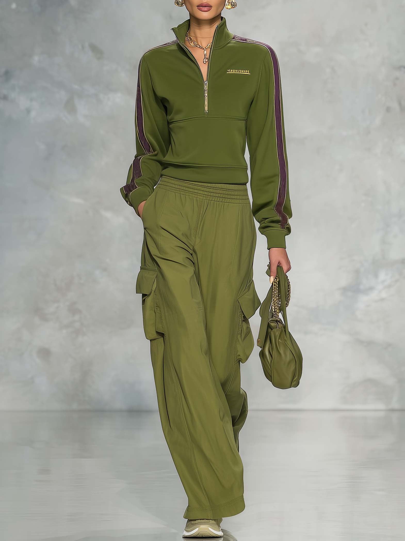 Retro Sport Olive Green Cotton Collared Zip-front Top And Utility Pants Set