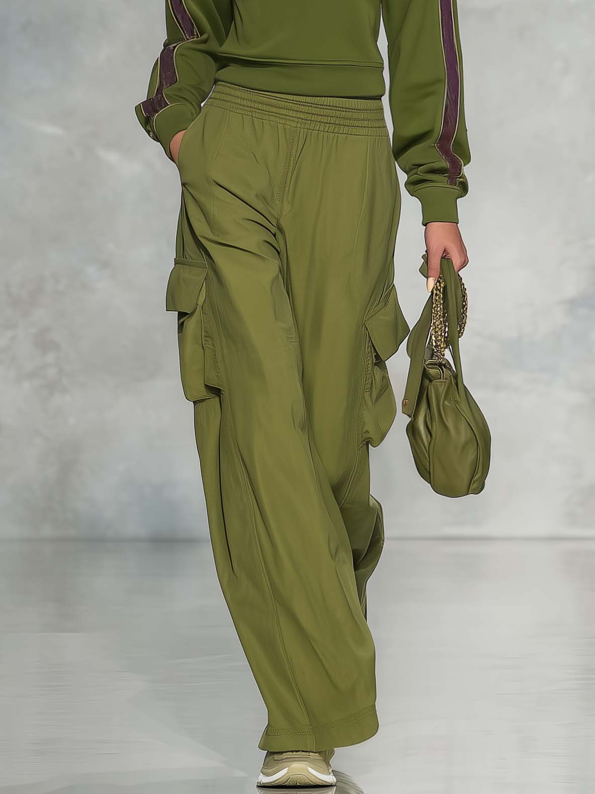 Retro Sport Olive Green Cotton Collared Zip-front Top And Utility Pants Set