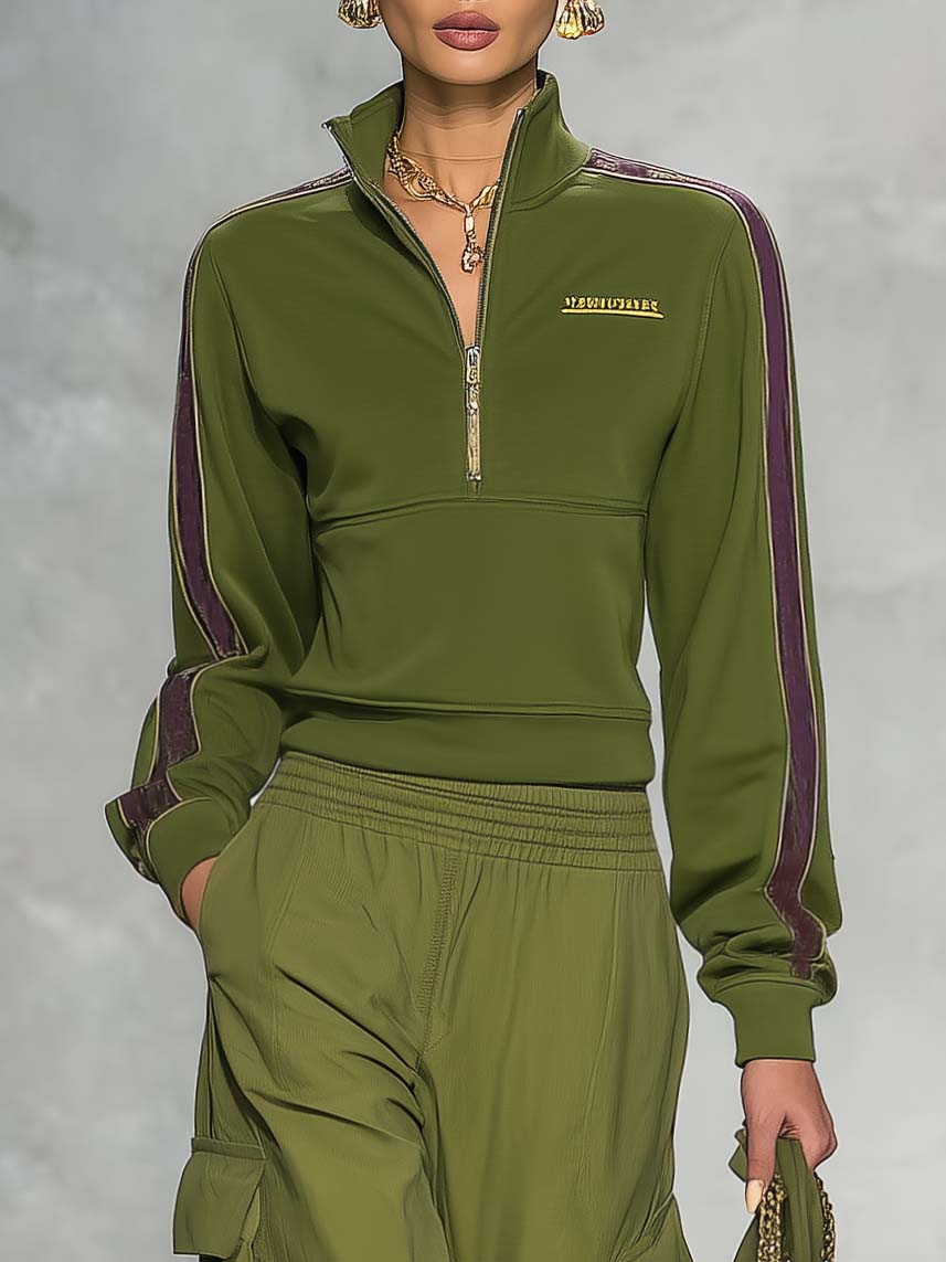 Retro Sport Olive Green Cotton Collared Zip-front Top And Utility Pants Set