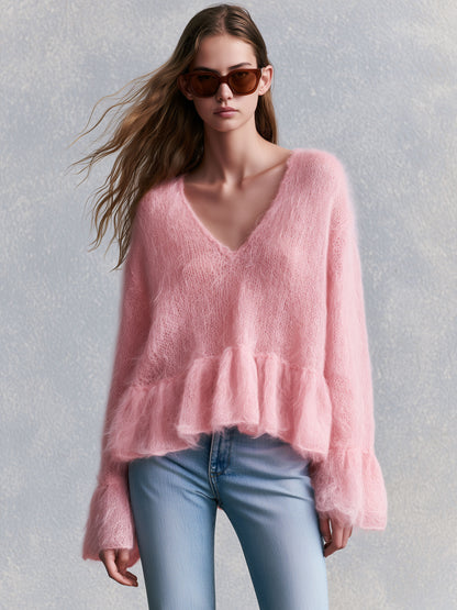 Warm And Elegant V-neck Ruffled Pink Long-haired Knit Pullover