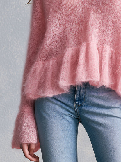 Warm And Elegant V-neck Ruffled Pink Long-haired Knit Pullover