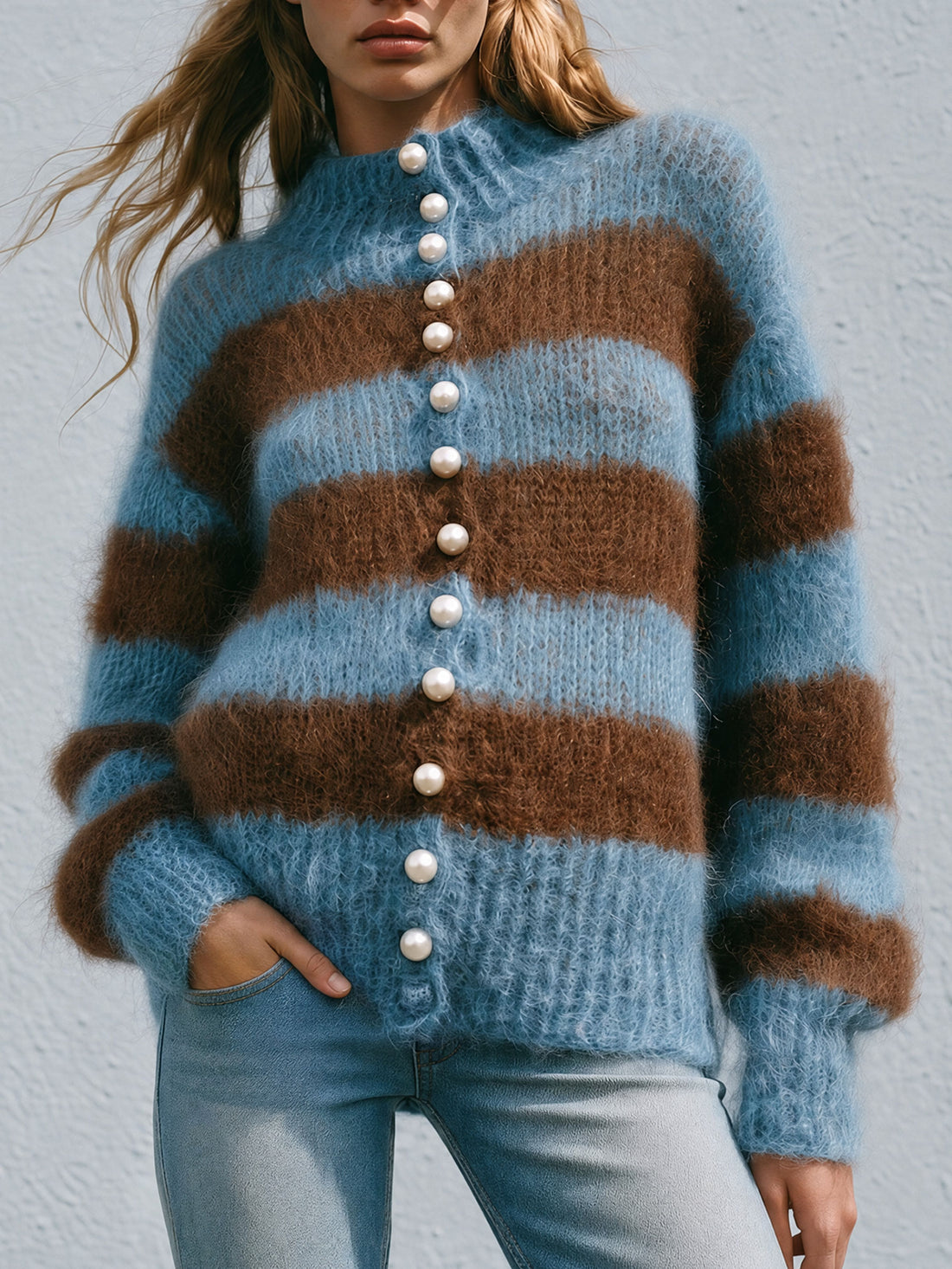 Warm Retro Stand-up Collar Blue-brown Striped Long-haired Knit Cardigan