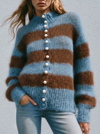 Warm Retro Stand-up Collar Blue-brown Striped Long-haired Knit Cardigan