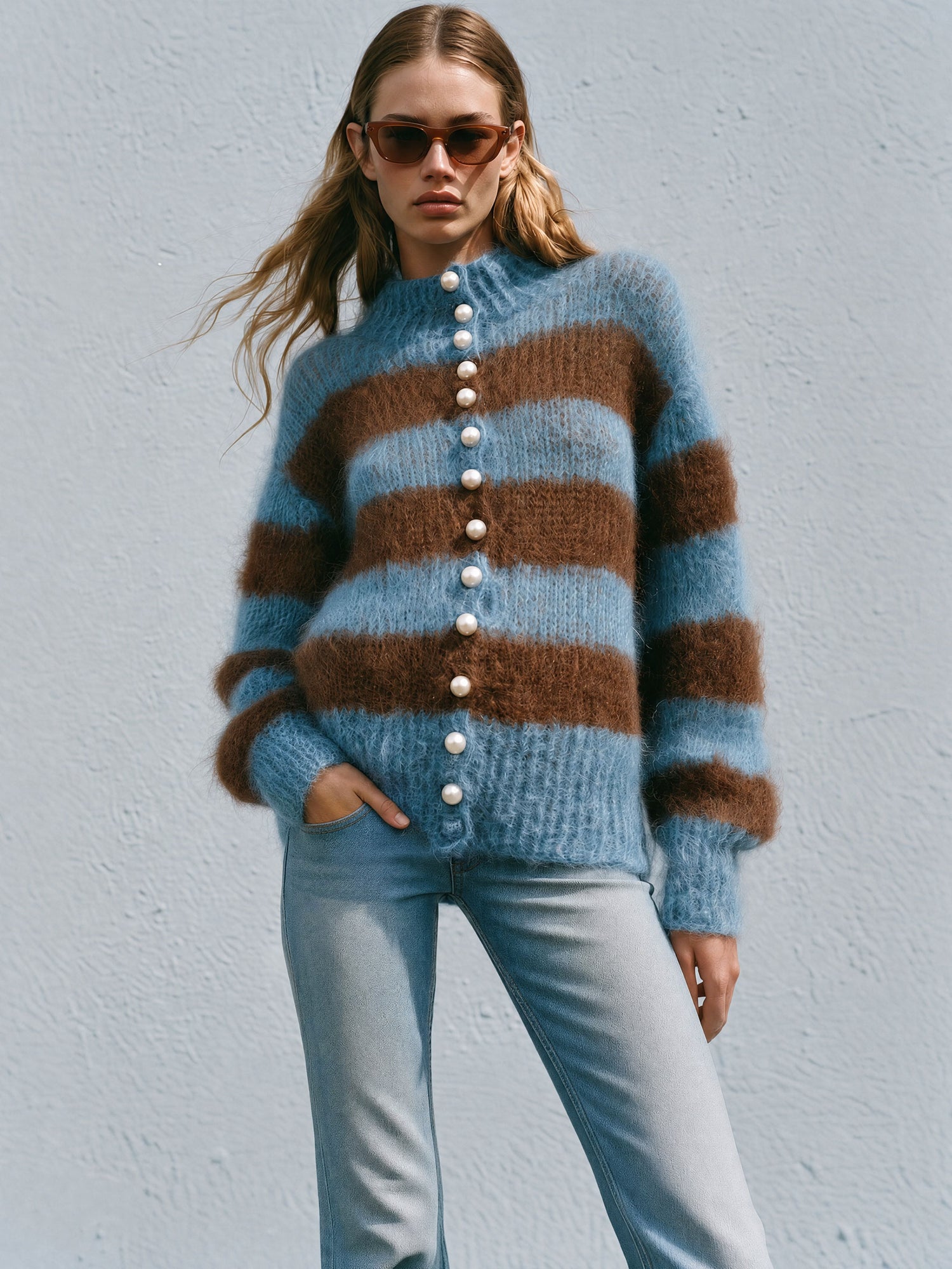 Warm Retro Stand-up Collar Blue-brown Striped Long-haired Knit Cardigan