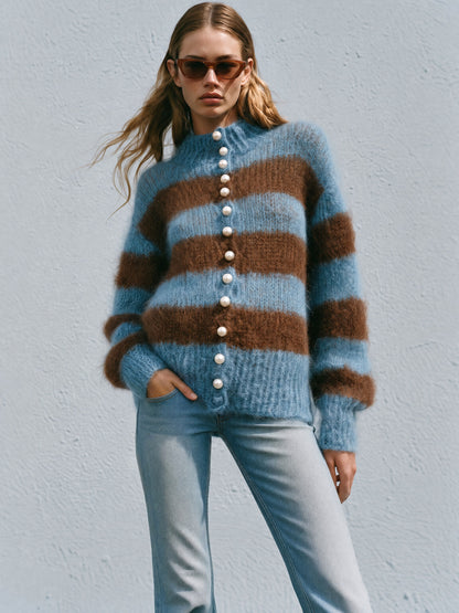 Warm Retro Stand-up Collar Blue-brown Striped Long-haired Knit Cardigan