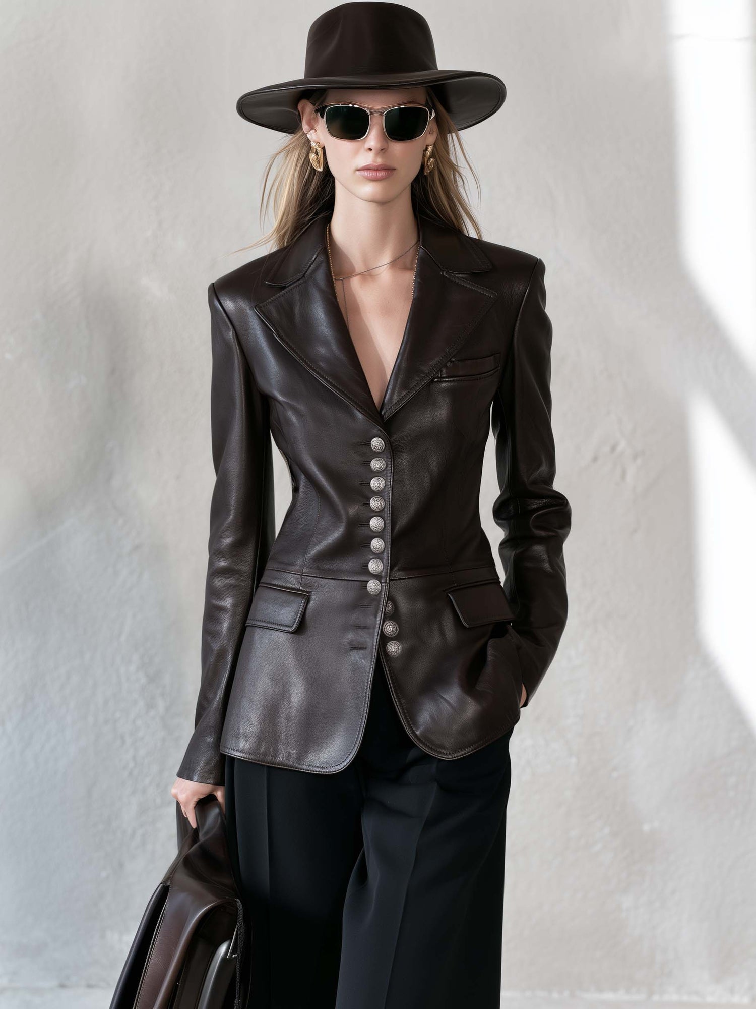 Equestrian Chocolate Brown Faux Leather Blazer Women Tailored Silver Button Fall Jacket