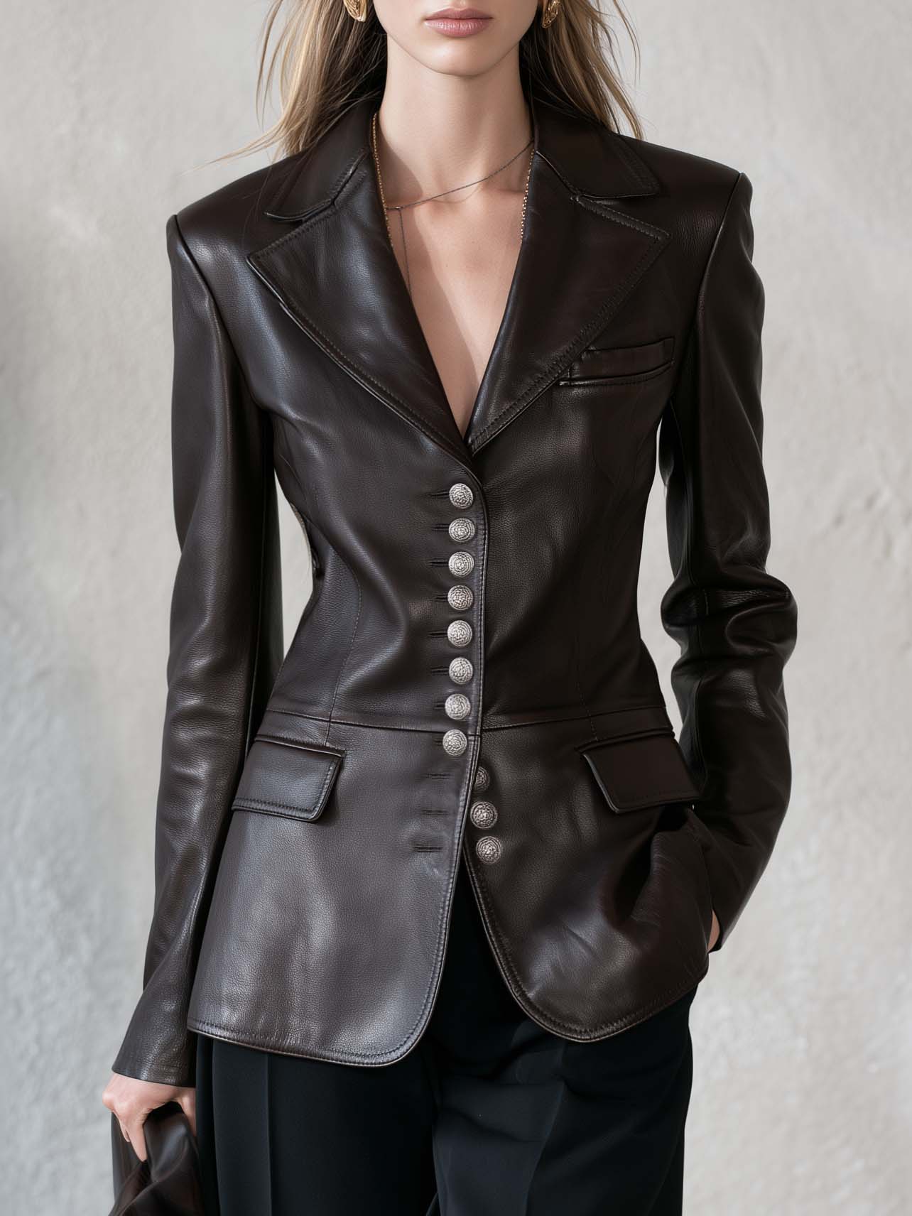 Equestrian Chocolate Brown Faux Leather Blazer Women Tailored Silver Button Fall Jacket