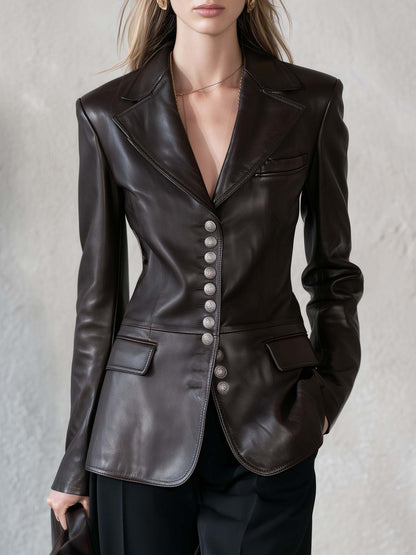 Equestrian Chocolate Brown Faux Leather Blazer Women Tailored Silver Button Fall Jacket