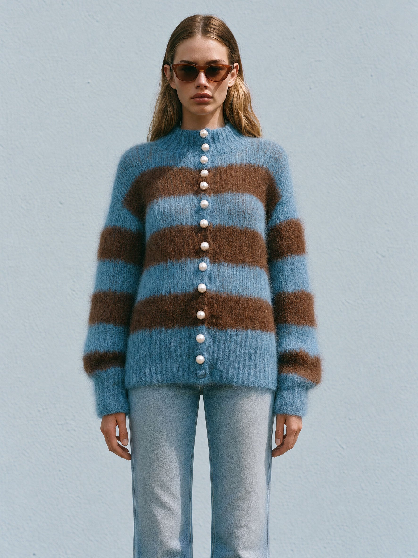 Warm Retro Stand-up Collar Blue-brown Striped Long-haired Knit Cardigan