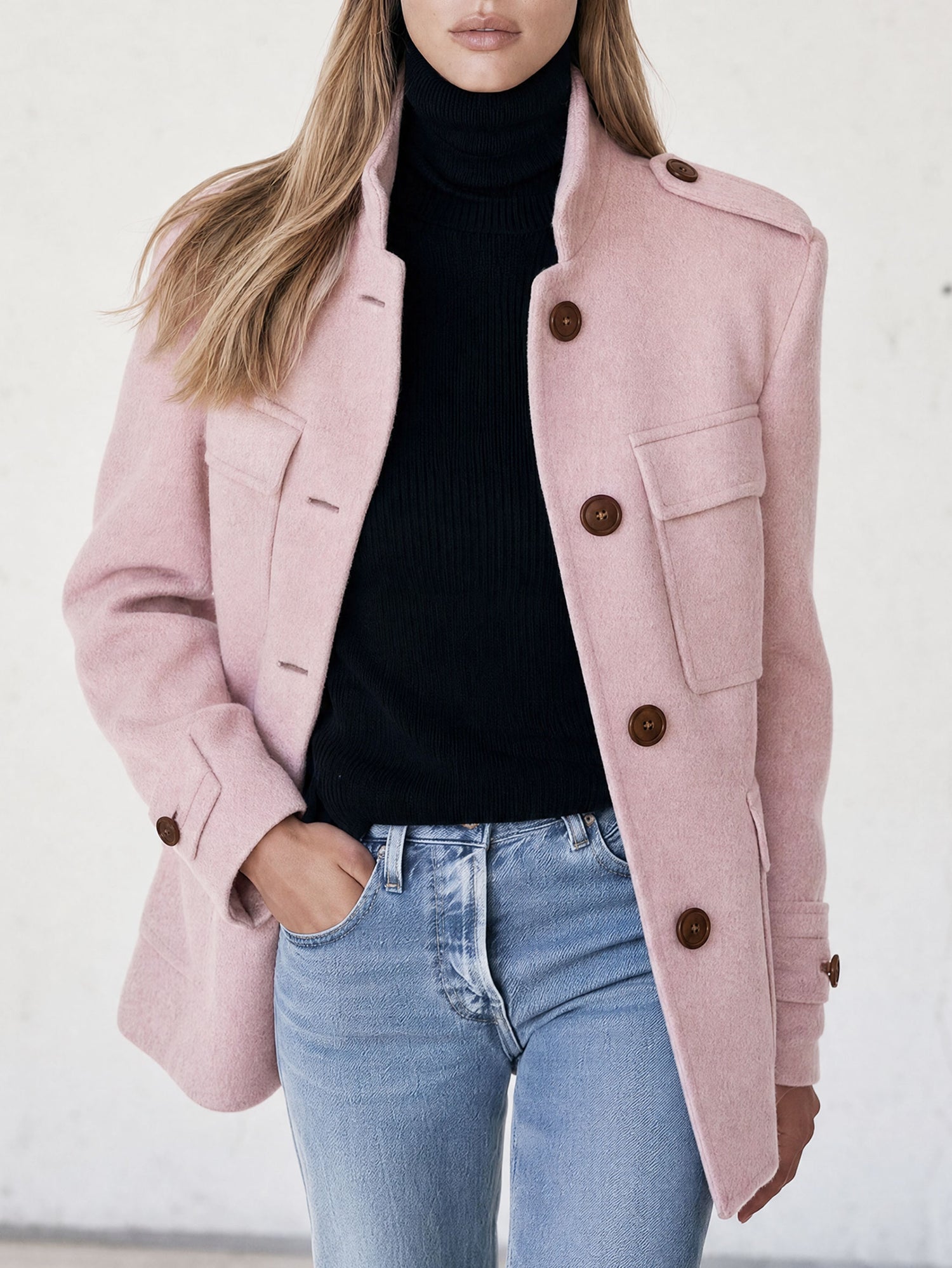 Casual And Simple Stand-up Collar Pink Multi-pocket Workwear Coat