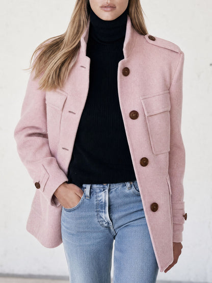 Casual And Simple Stand-up Collar Pink Multi-pocket Workwear Coat