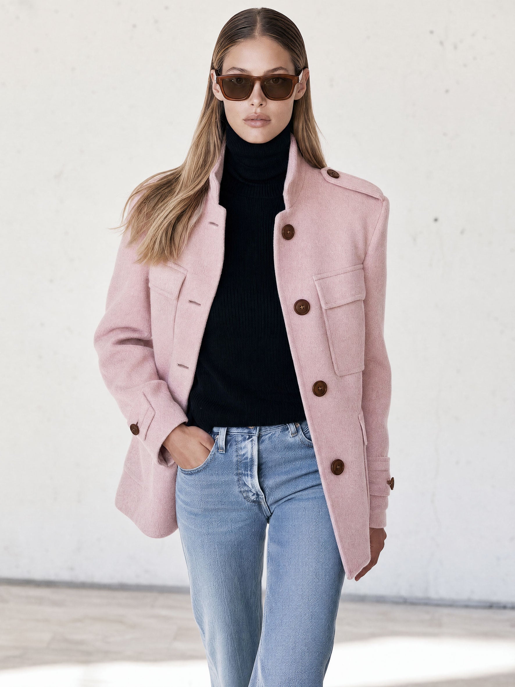 Casual And Simple Stand-up Collar Pink Multi-pocket Workwear Coat