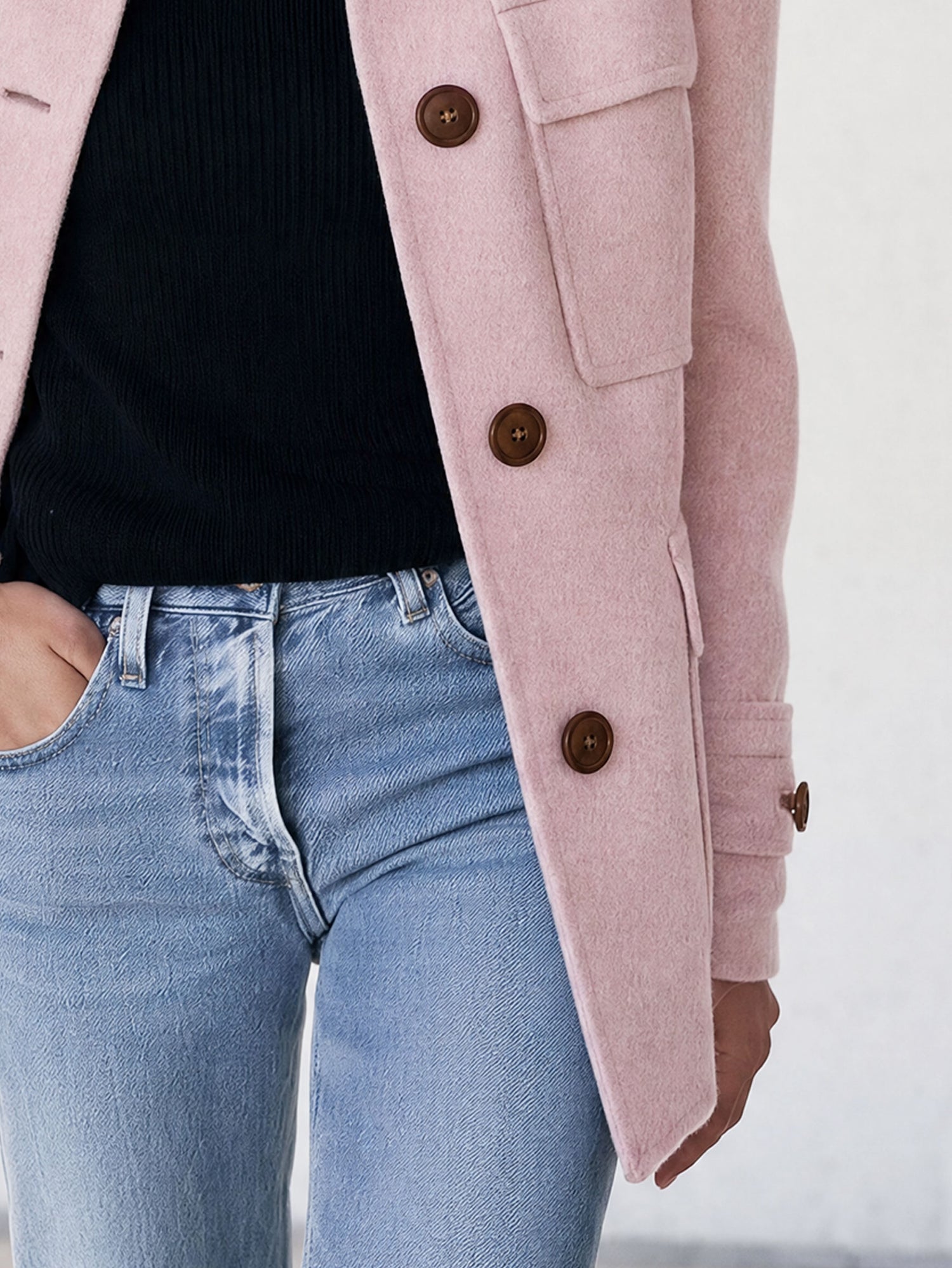 Casual And Simple Stand-up Collar Pink Multi-pocket Workwear Coat