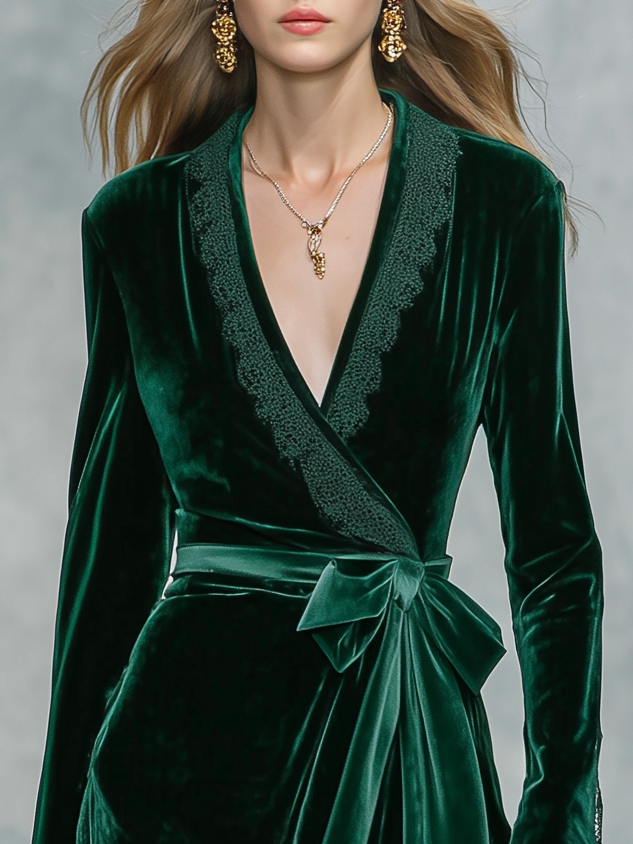 Vintage-style Green Velvet And Lace-up Dress With An Elegant Casual Vibe