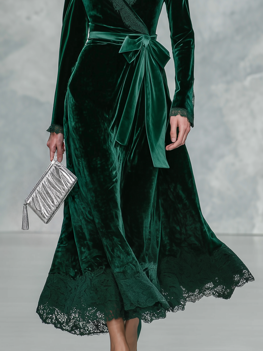 Vintage-style Green Velvet And Lace-up Dress With An Elegant Casual Vibe
