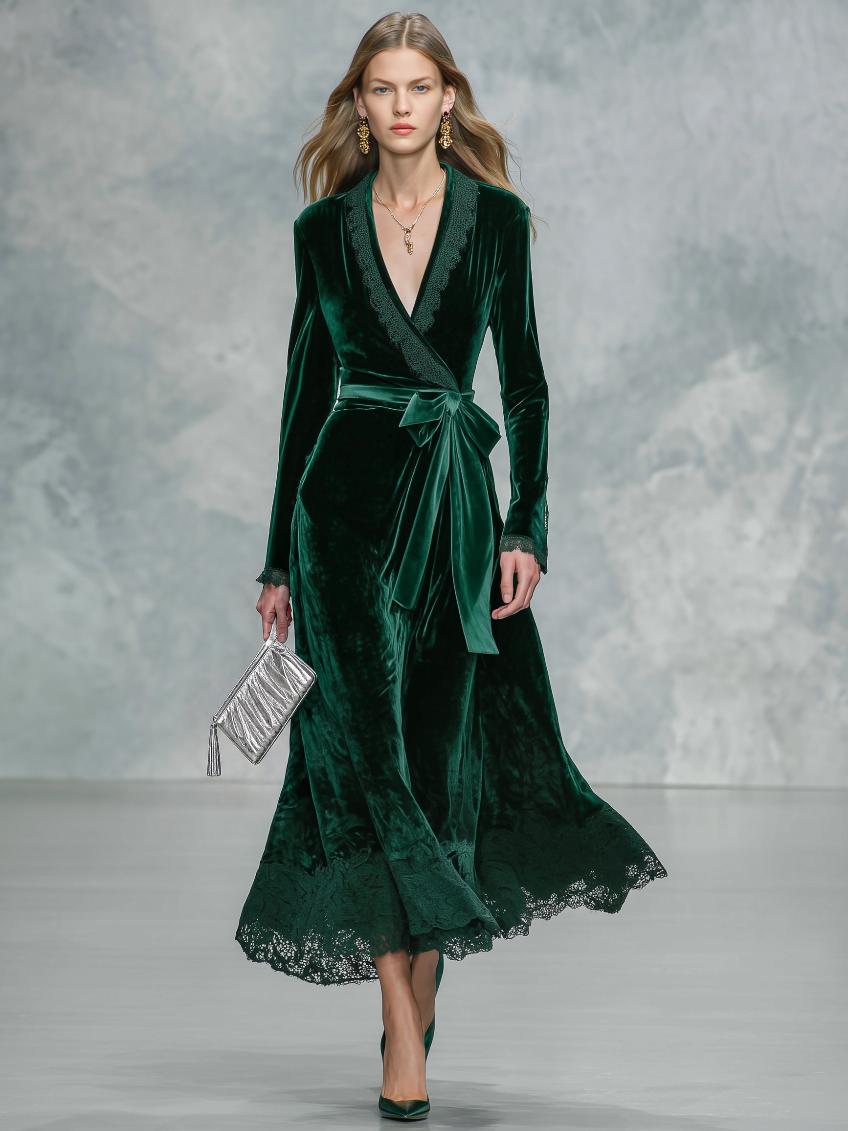 Vintage-style Green Velvet And Lace-up Dress With An Elegant Casual Vibe