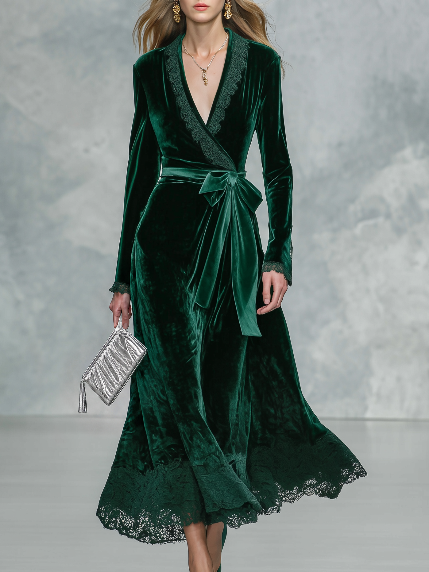 Vintage-style Green Velvet And Lace-up Dress With An Elegant Casual Vibe