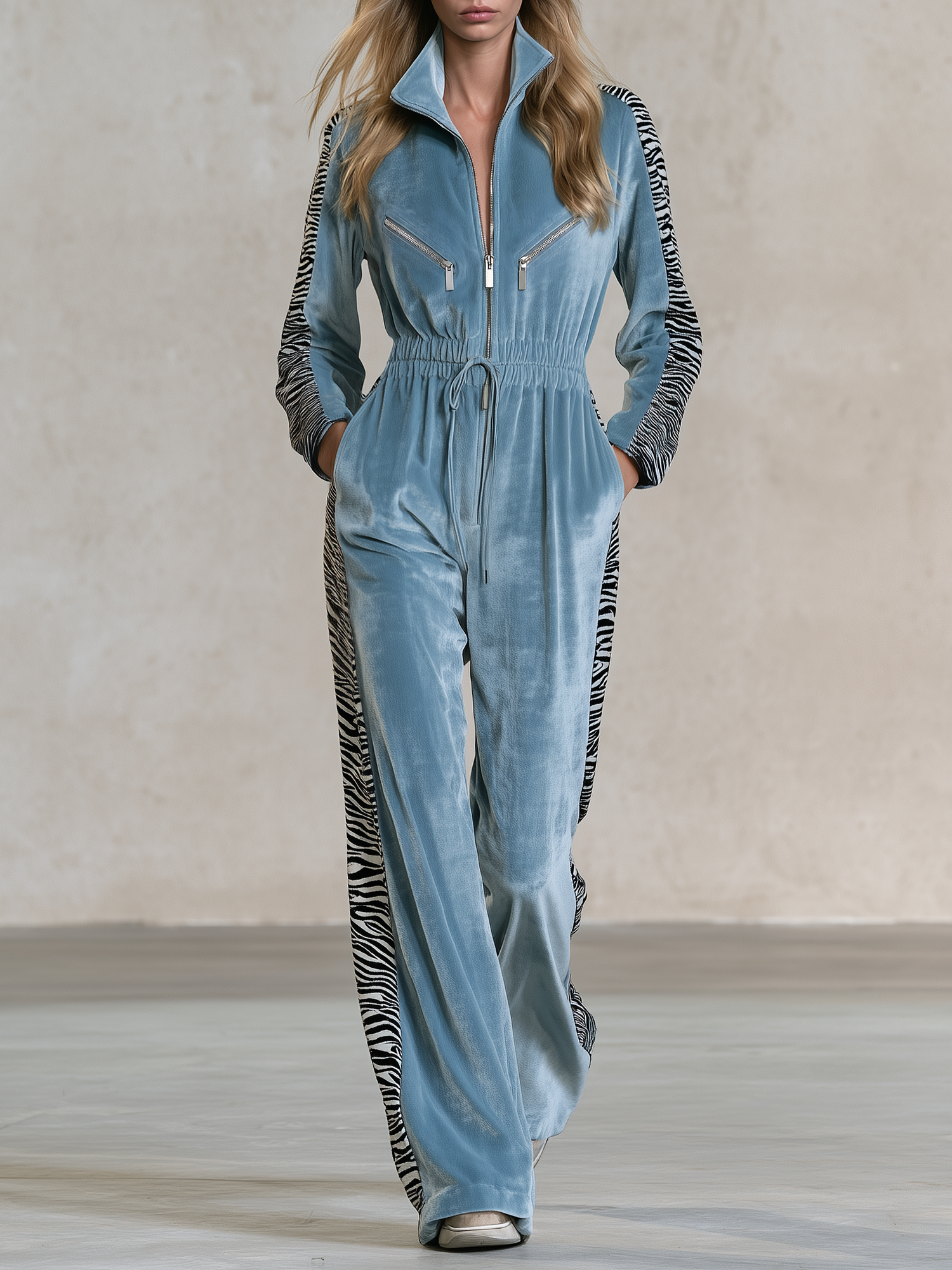 Retro-chic Zebra-print Velvet Drawstring Jumpsuit