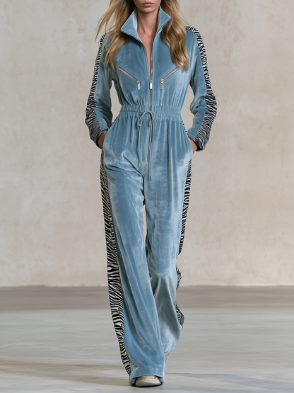 Retro-chic Zebra-print Velvet Drawstring Jumpsuit