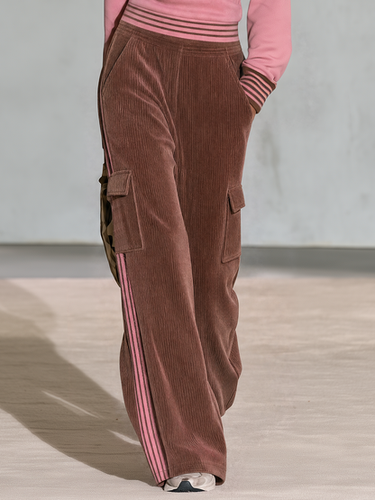 Retro-casual Elegant Set Featuring A Cotton Stand-collar Sweatshirt And Corduroy Wide-leg Trousers