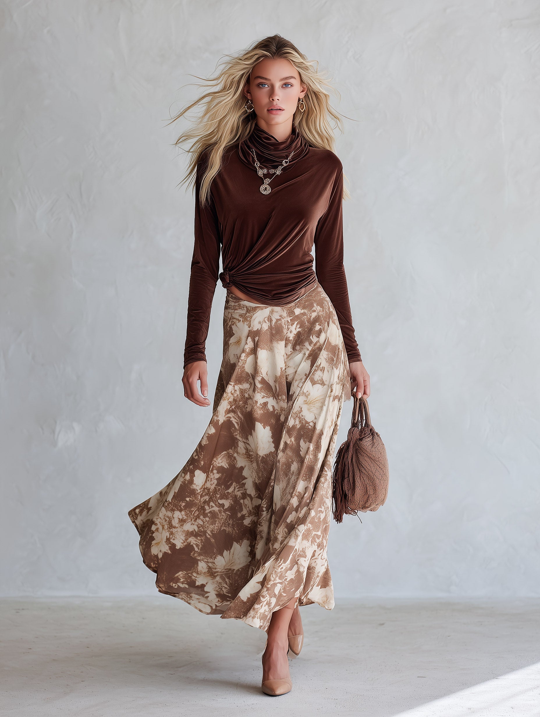 Elegant Cowl-Neck Long-Sleeve Top And Floral Skirt Velvet Set
