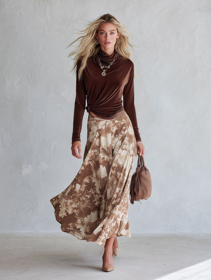 Elegant Cowl-Neck Long-Sleeve Top And Floral Skirt Velvet Set