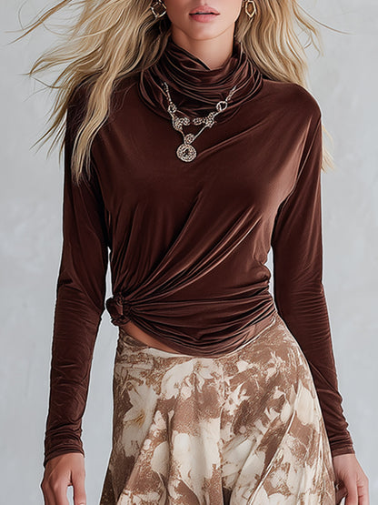 Elegant Cowl-Neck Long-Sleeve Top And Floral Skirt Velvet Set