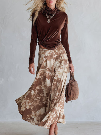 Elegant Cowl-Neck Long-Sleeve Top And Floral Skirt Velvet Set