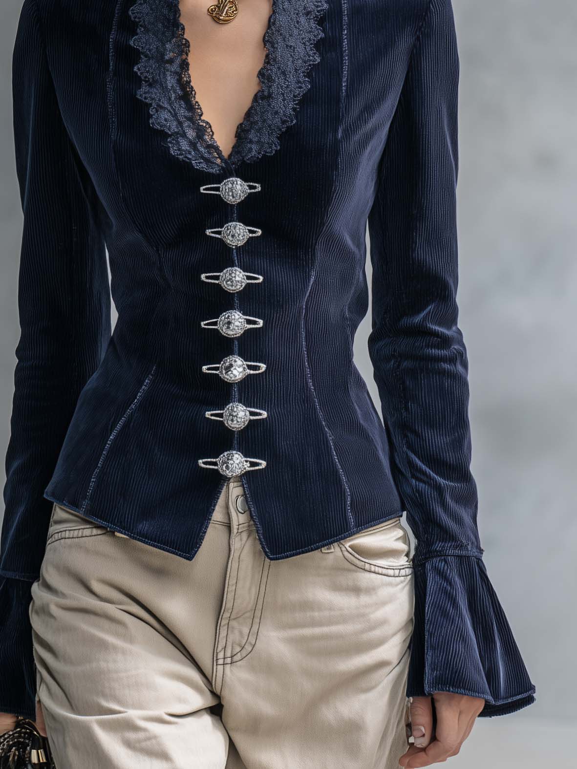 Victorian Navy Corduroy Jacket Women Lace Trim V-Neck Fitted Fall Blazer