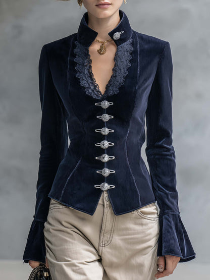Victorian Navy Corduroy Jacket Women Lace Trim V-Neck Fitted Fall Blazer