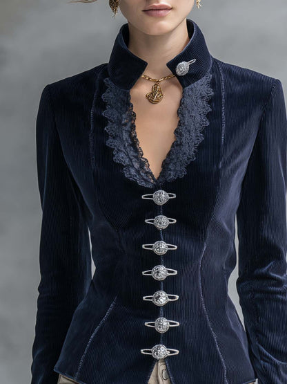 Victorian Navy Corduroy Jacket Women Lace Trim V-Neck Fitted Fall Blazer