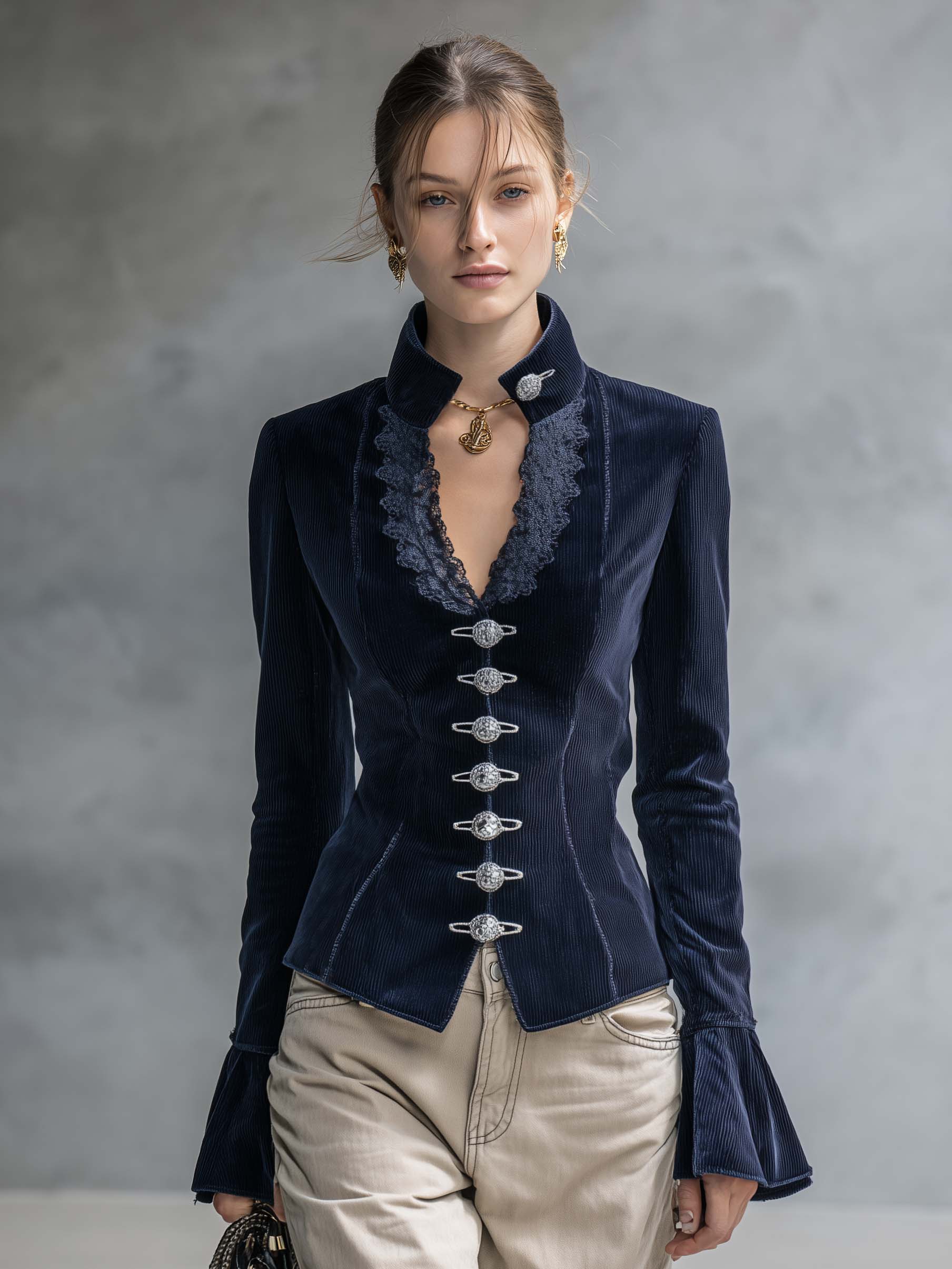 Victorian Navy Corduroy Jacket Women Lace Trim V-Neck Fitted Fall Blazer